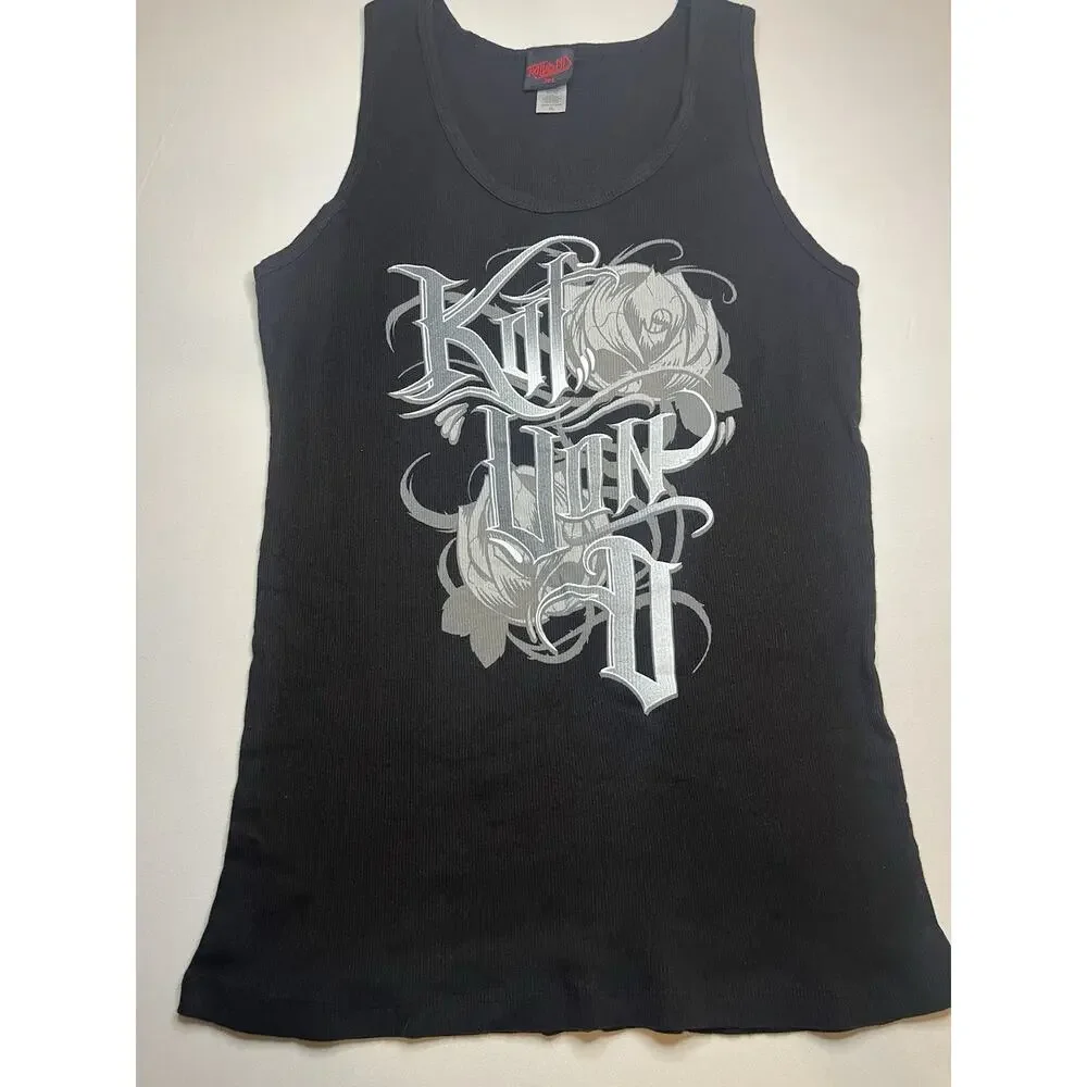 Kat von D Ribbed Black Tank Top Women’s Size Large Logo Front Stretch - Picture 2 of 4